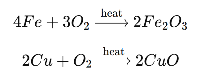 chemical equation for heating of Cu and Fe
